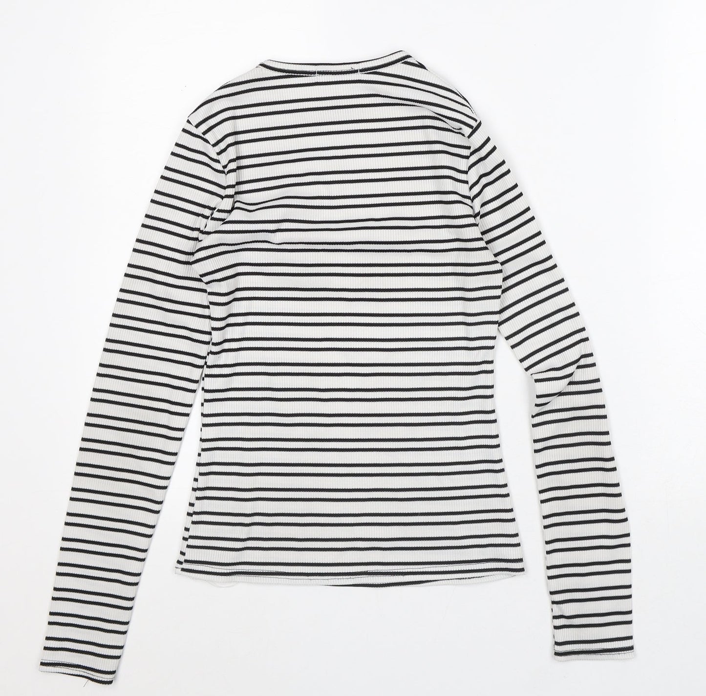 In the Style Womens White Striped Polyester Basic T-Shirt Size 6 Crew Neck