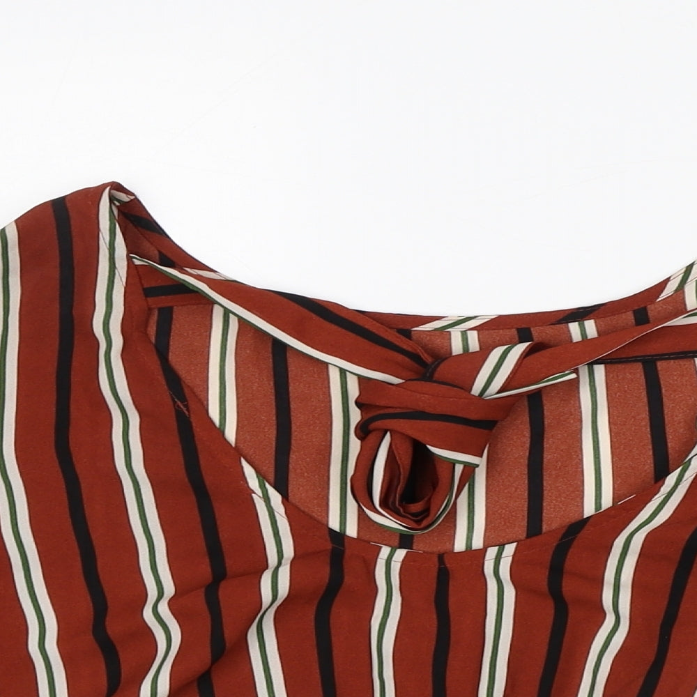 FOREVER 21 Womens Brown Striped Polyester Cropped Blouse Size S V-Neck