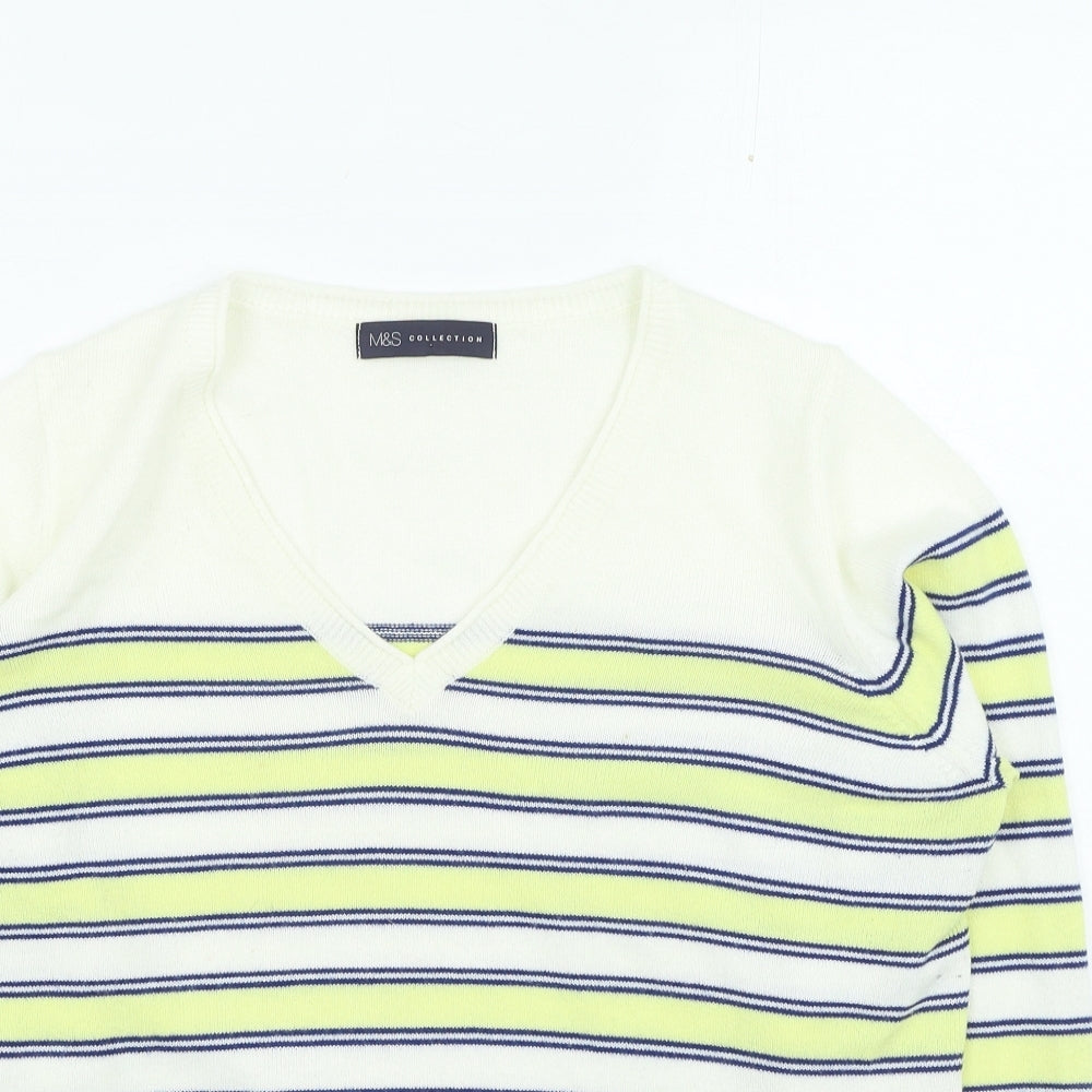 Marks and Spencer Womens Yellow V-Neck Striped Acrylic Pullover Jumper Size 14