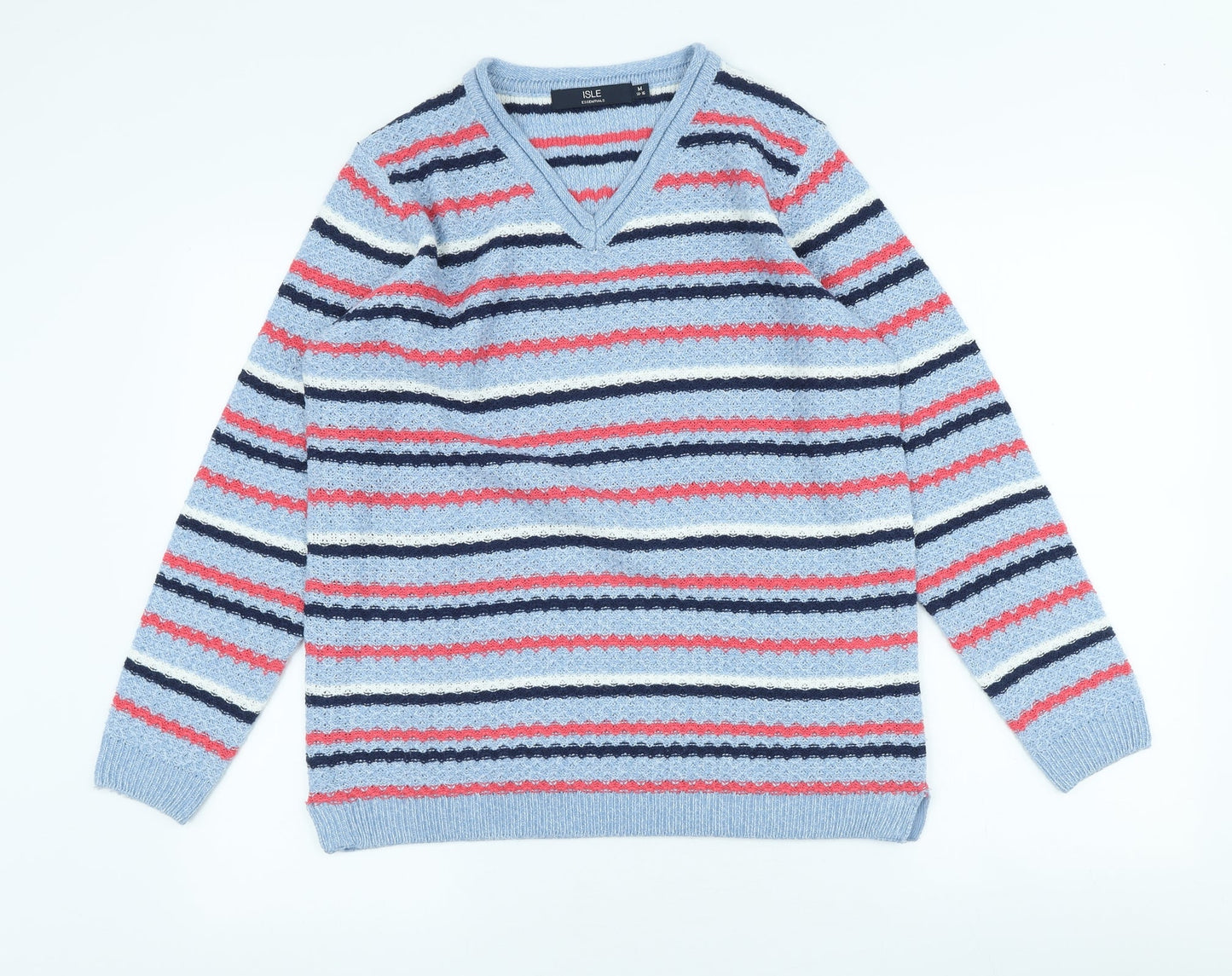 Isle Womens Blue Scoop Neck Striped Acrylic Pullover Jumper Size M
