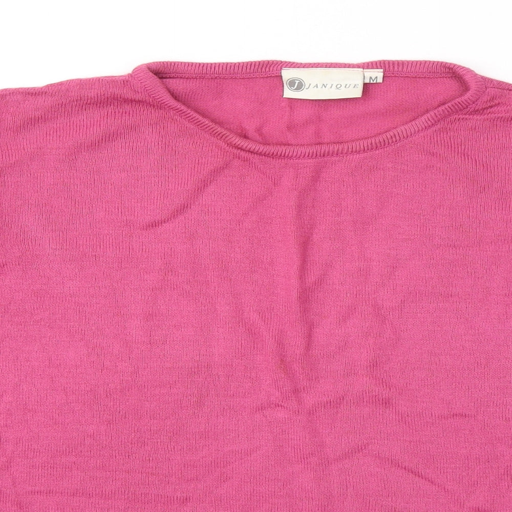Janique Womens Pink Acrylic Basic T-Shirt Size M Round Neck