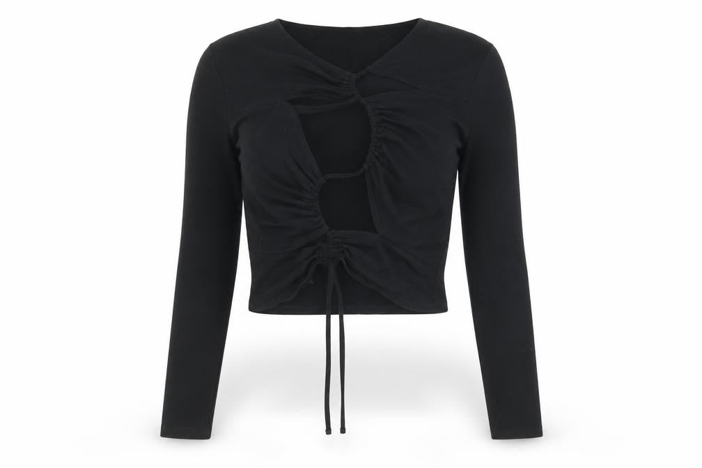 Divided by H&M Womens Black Cotton Cropped T-Shirt Size L V-Neck - Cut out