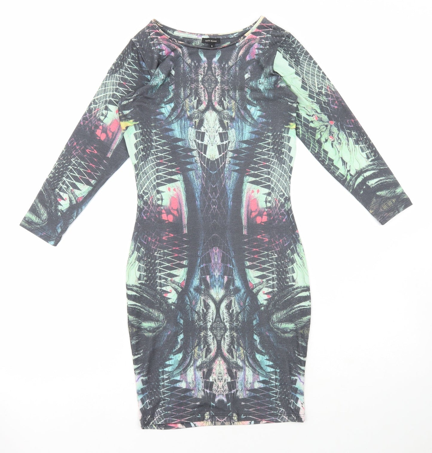 River Island Womens Multicoloured Geometric Polyester Bodycon Size 6 Round Neck