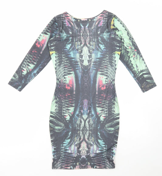 River Island Womens Multicoloured Geometric Polyester Bodycon Size 6 Round Neck