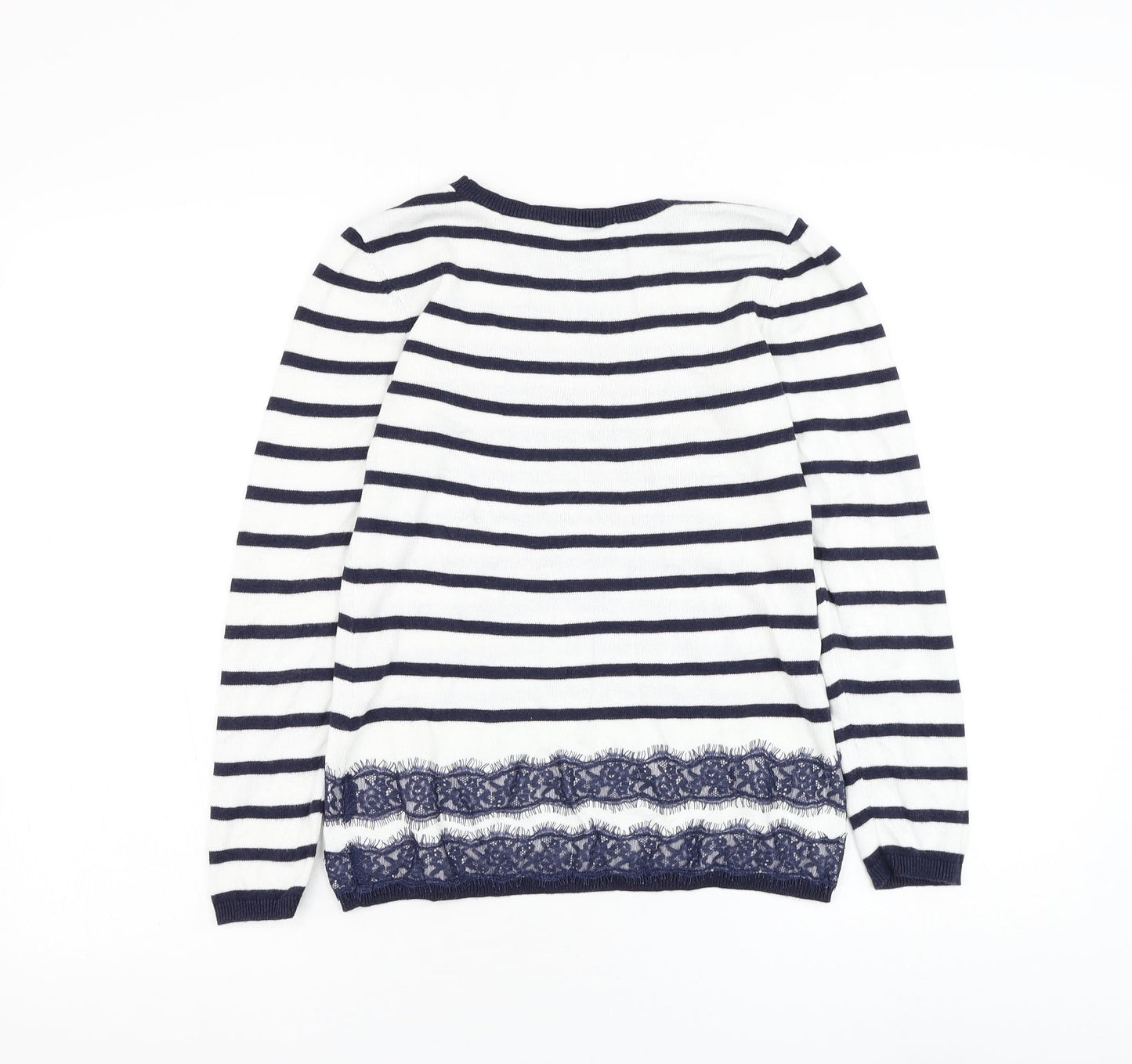 Dorothy Perkins Womens White Round Neck Striped Viscose Pullover Jumper Size 8