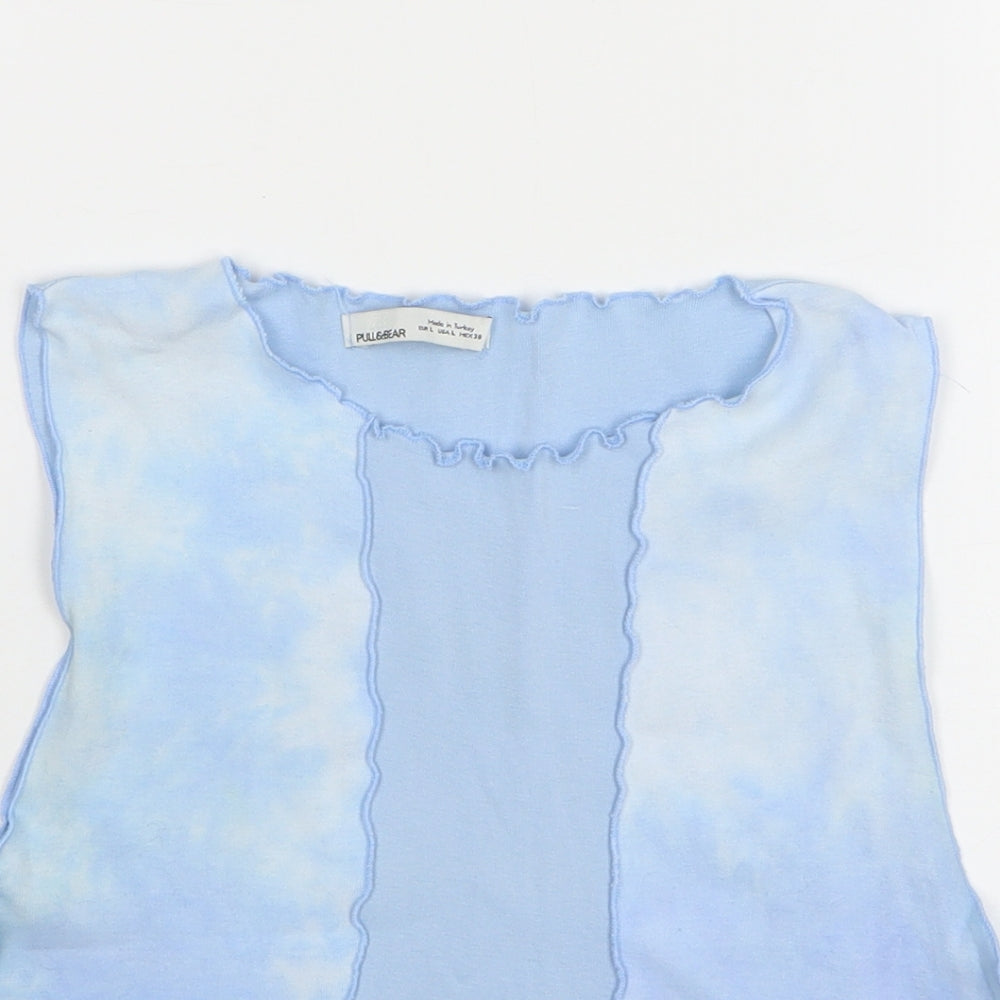 Pull&Bear Womens Blue Cotton Cropped Tank Size L Round Neck
