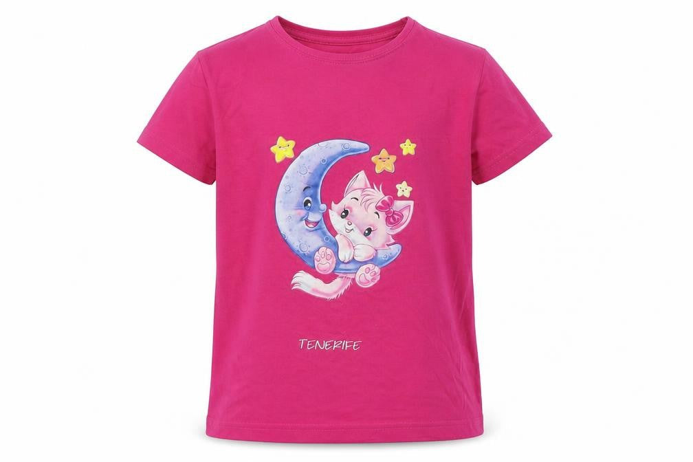 Texmania Girls Pink 100% Cotton Basic T-Shirt Size 6 Years Round Neck Pullover - Cat