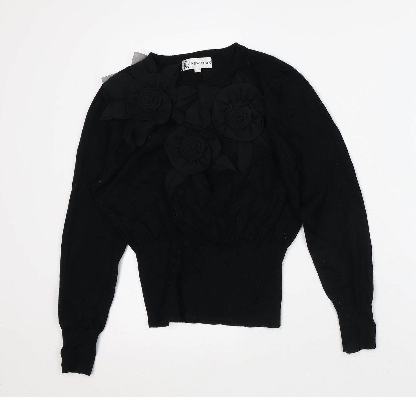 New York Womens Black Floral Polyester Basic Blouse Size S Crew Neck - Rose