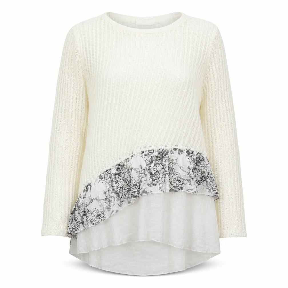 Simply Couture Womens Ivory Round Neck Floral Cotton Pullover Jumper Size L - Lace Trim