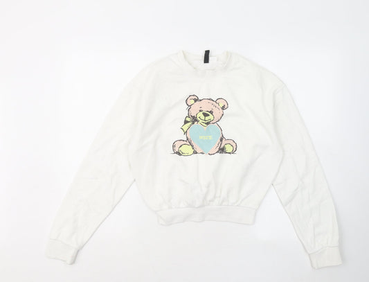 Divided by H&M Womens White Cotton Pullover Sweatshirt Size 2XS - Nice Bear