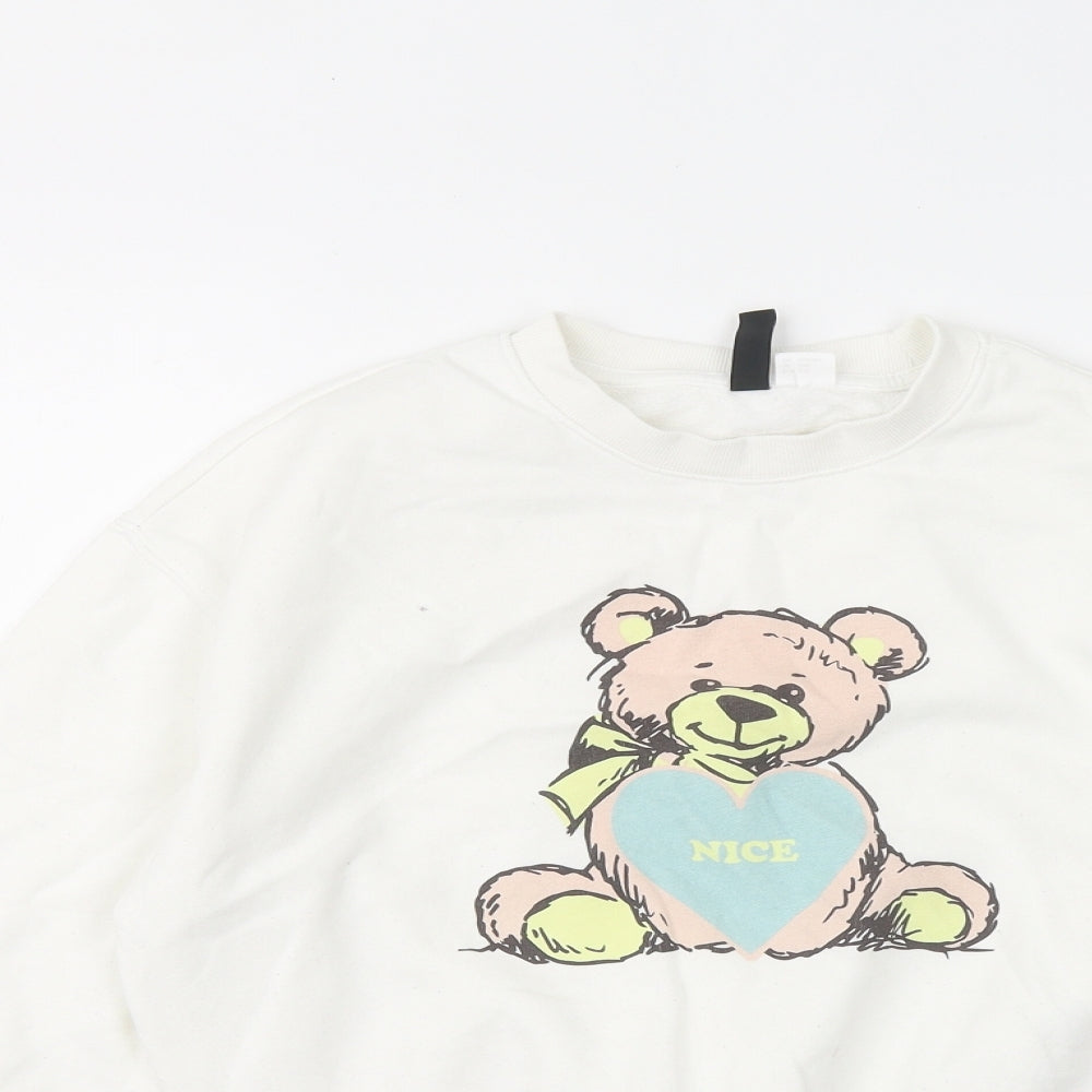Divided by H&M Womens White Cotton Pullover Sweatshirt Size 2XS - Nice Bear