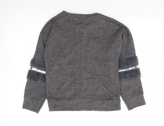 Maelys Girls Grey Round Neck Polyester Pullover Jumper Size 12 Years Pullover - Embellished Sleeves