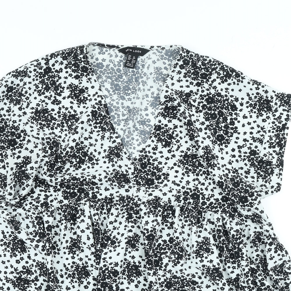 New Look Womens White Floral Polyester A-Line Size 12 V-Neck