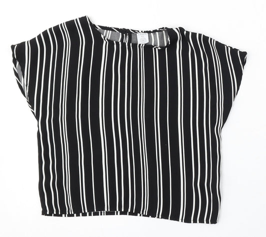 Lindex Girls Black Striped Polyester Basic Blouse Size 7-8 Years Round Neck Button
