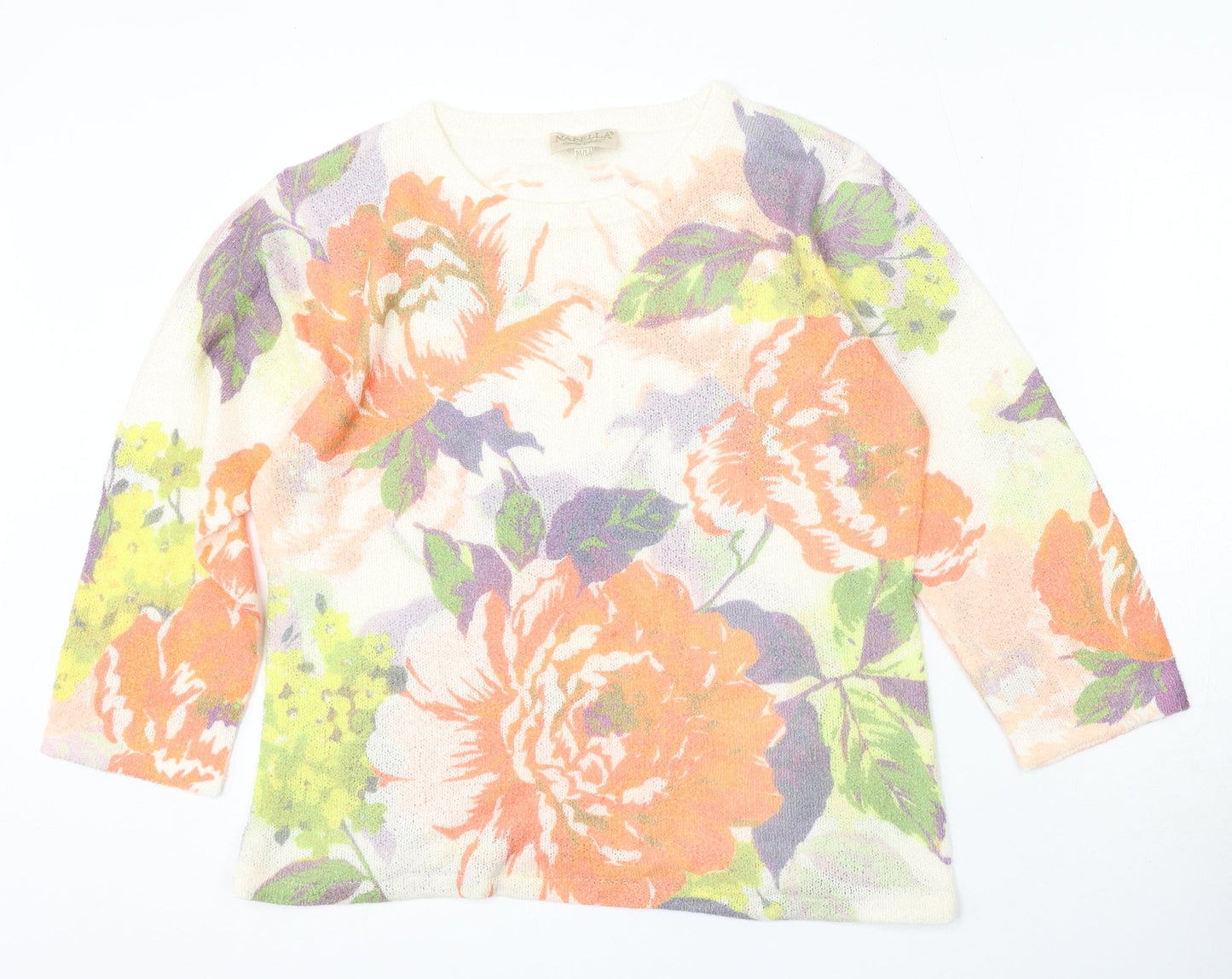 Nabella Womens Ivory Round Neck Floral Polyester Pullover Jumper Size M