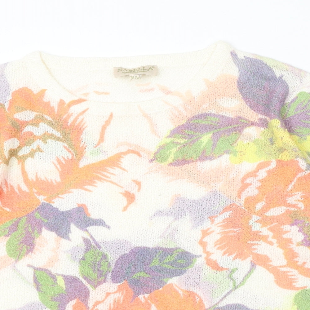 Nabella Womens Ivory Round Neck Floral Polyester Pullover Jumper Size M