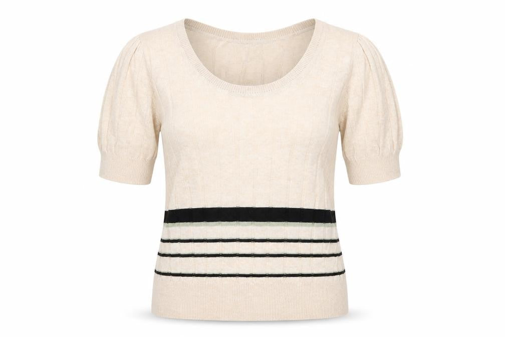 Marks and Spencer Womens Beige Scoop Neck Striped Viscose Pullover Jumper Size 10