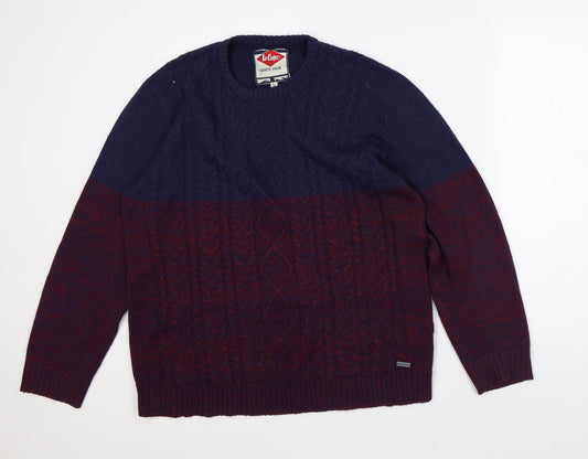 Lee Cooper Mens Red Crew Neck Striped Acrylic Pullover Jumper Size L