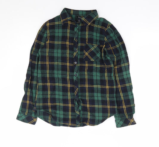 New Look Girls Green Plaid 100% Cotton Jersey Button-Up Size 12 Years Collared Button