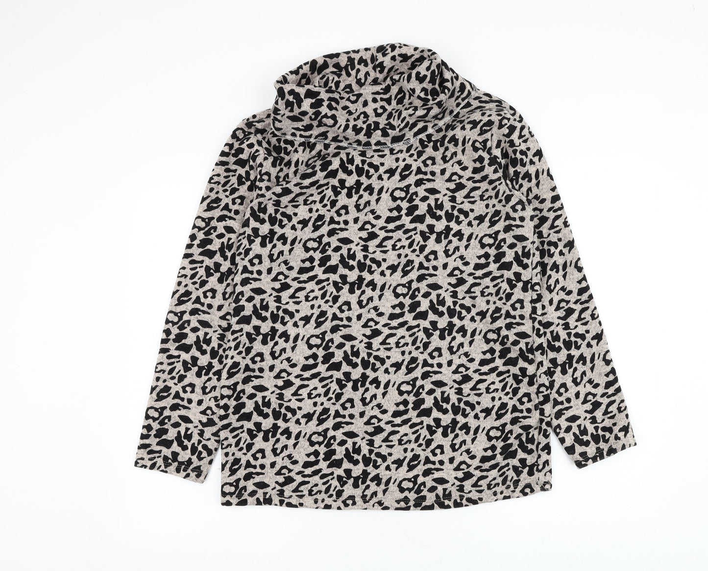 Preworn Womens Beige Roll Neck Animal Print Polyester Pullover Jumper Size L - Leopard Print