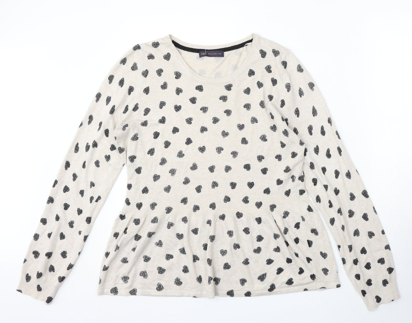 Marks and Spencer Womens Beige Round Neck Geometric Polyester Pullover Jumper Size M