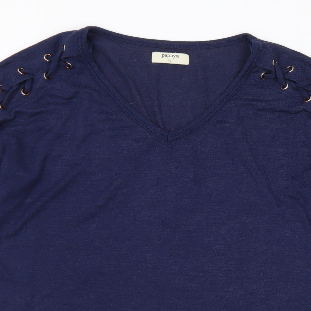 Papaya Womens Blue V-Neck Viscose Pullover Jumper Size 10