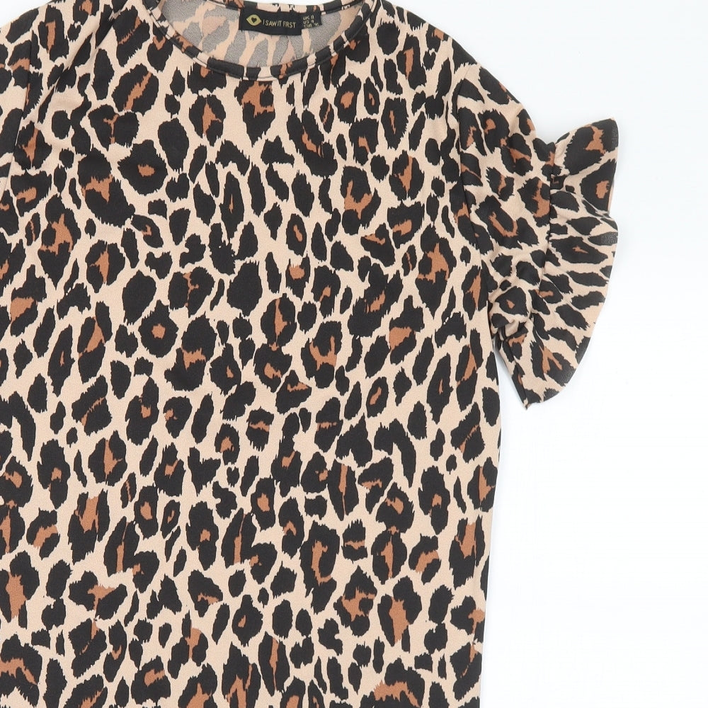 I SAW IT FIRST Womens Brown Animal Print Polyester Mini Size 8 Round Neck