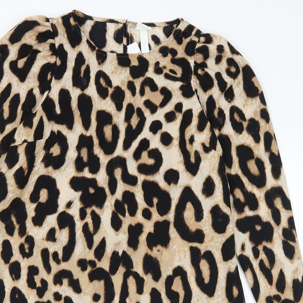 H&M Womens Brown Animal Print Polyester A-Line Size S Round Neck Zip