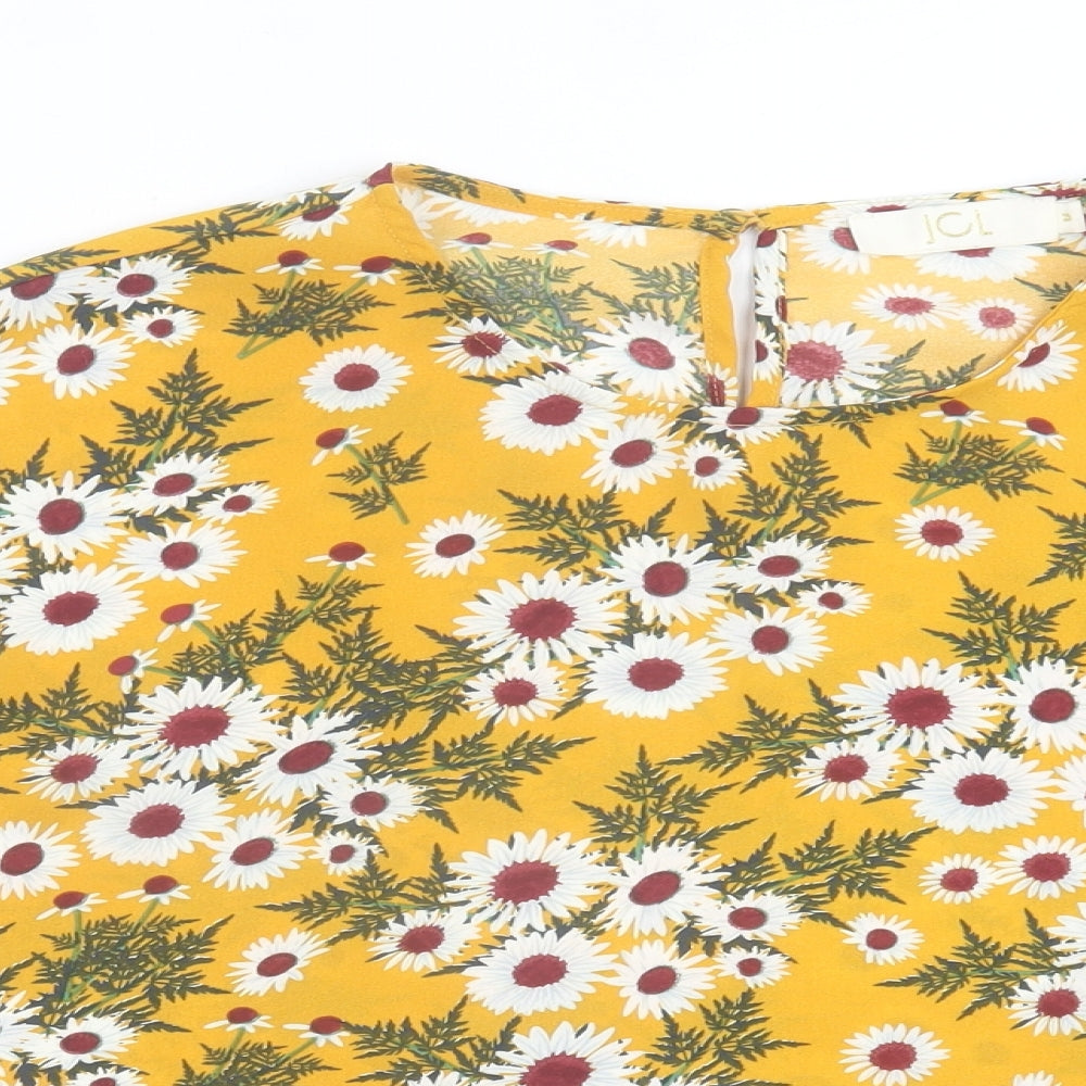 JCL Womens Yellow Floral Polyester Basic T-Shirt Size M Crew Neck
