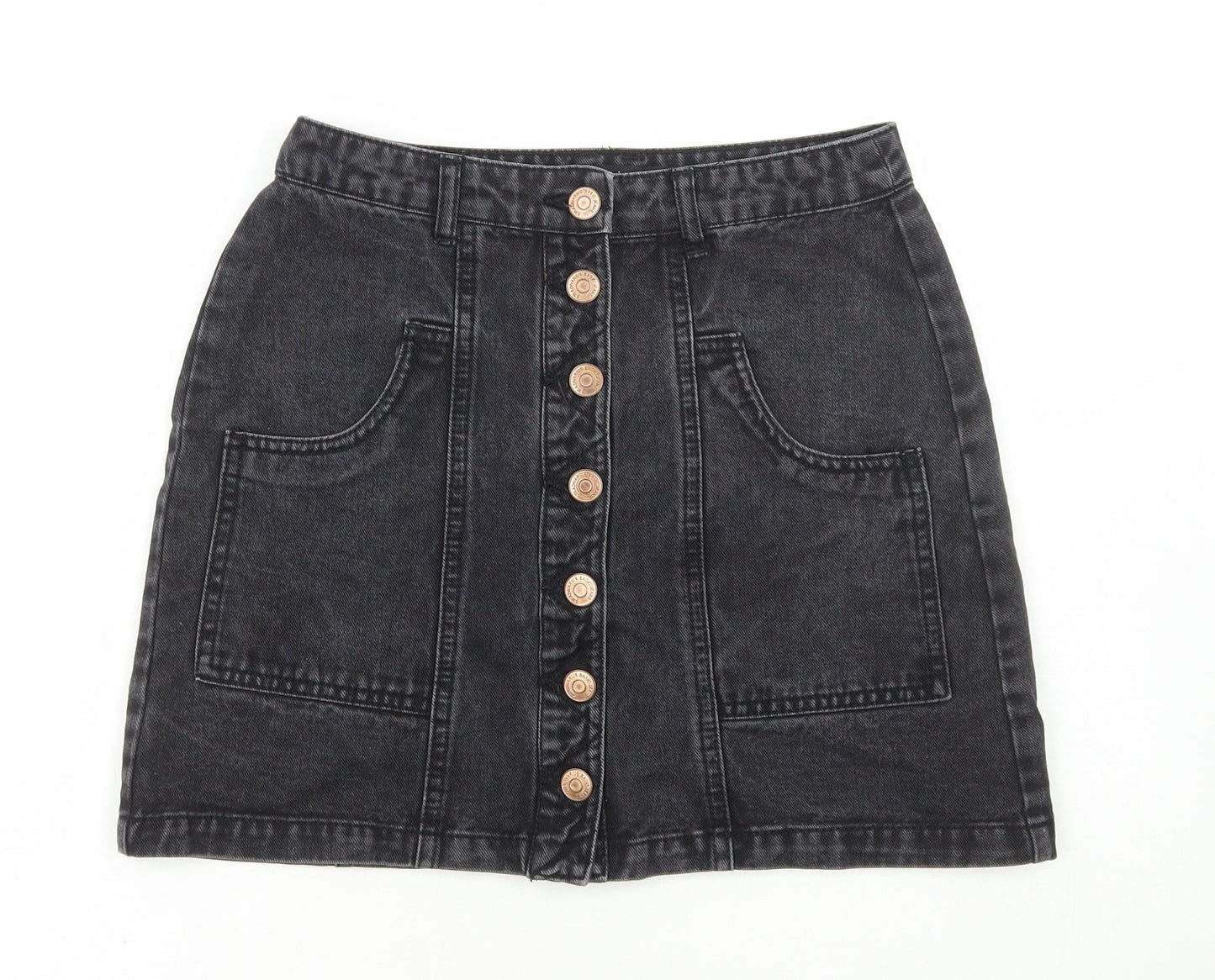 Stradivarius Womens Black Cotton A-Line Skirt Size 8 Button
