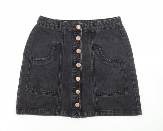 Stradivarius Womens Black Cotton A-Line Skirt Size 8 Button