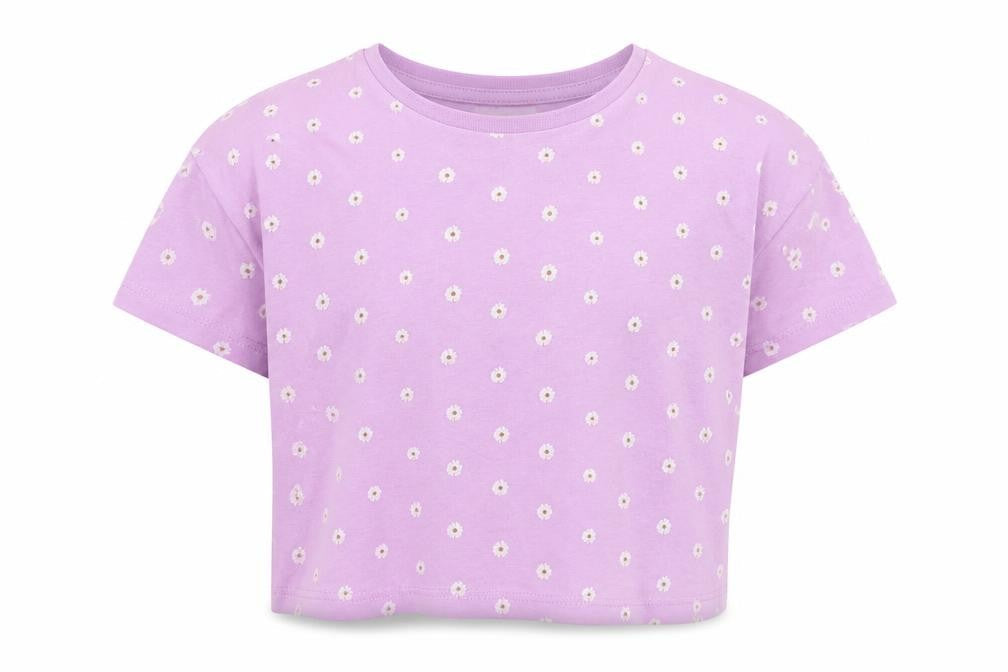 Matalan Girls Purple Floral Cotton Cropped T-Shirt Size 7 Years Crew Neck Pullover