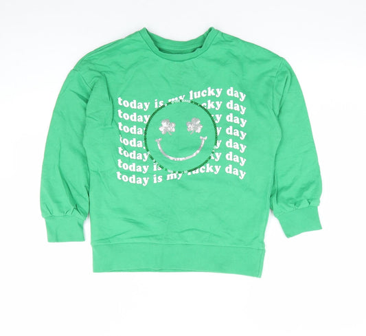Dunnes Girls Green 100% Cotton Pullover Sweatshirt Size 8-9 Years Pullover - Lucky Day