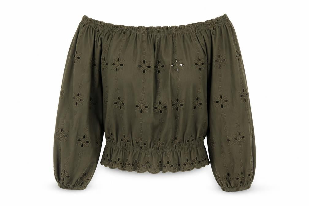 H&M Womens Green Floral Cotton Jersey Blouse Size XS Off the Shoulder