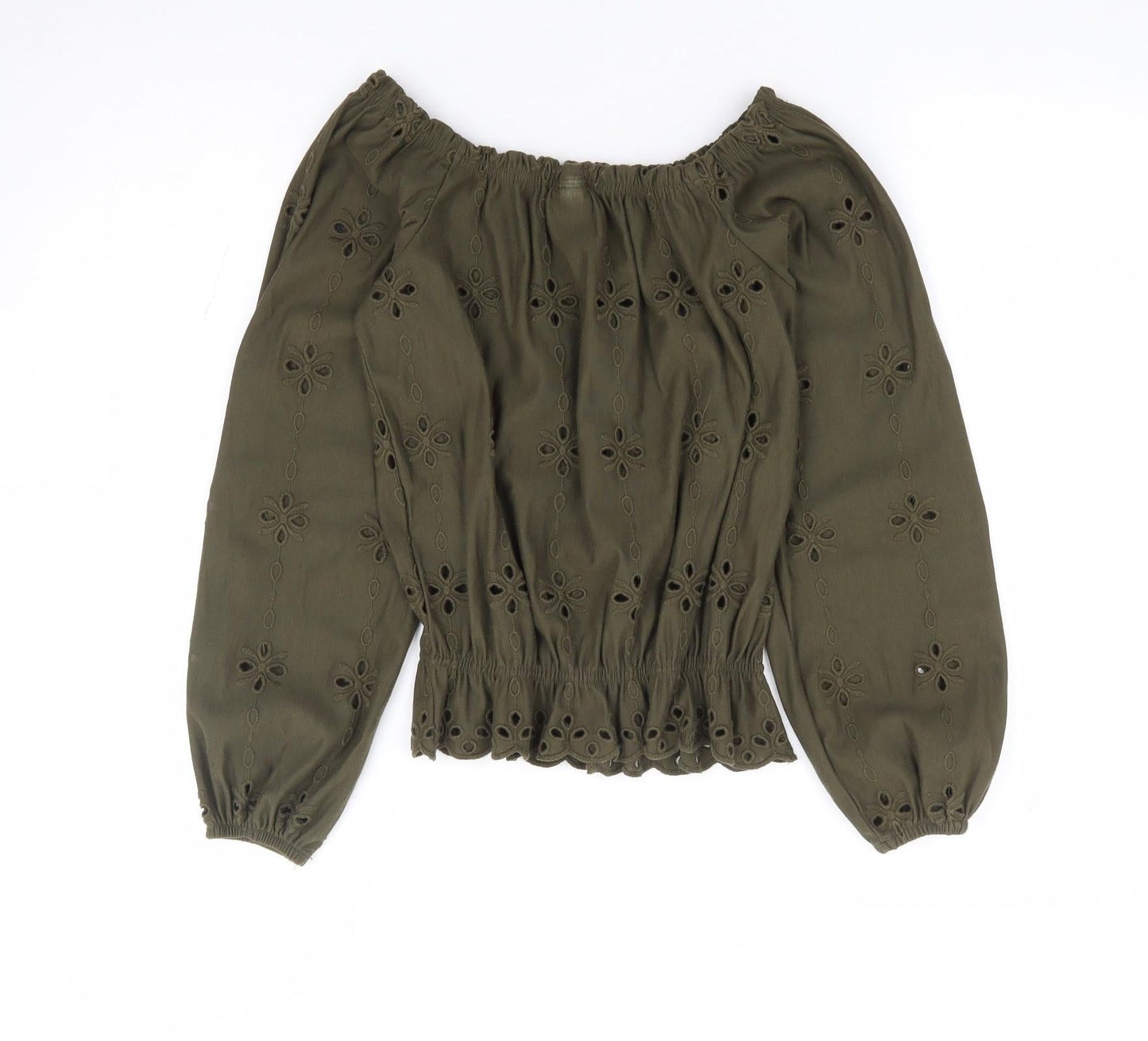 H&M Womens Green Floral Cotton Jersey Blouse Size XS Off the Shoulder