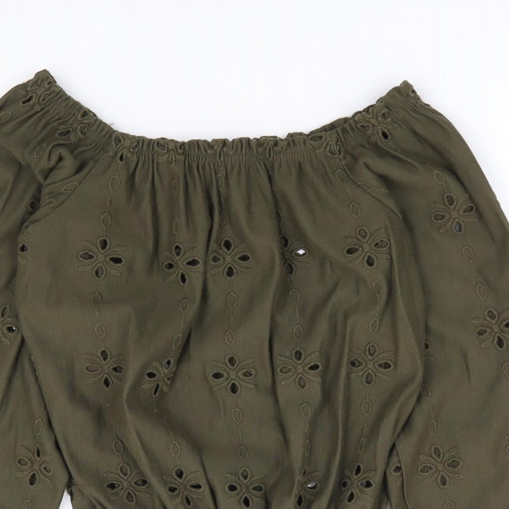H&M Womens Green Floral Cotton Jersey Blouse Size XS Off the Shoulder