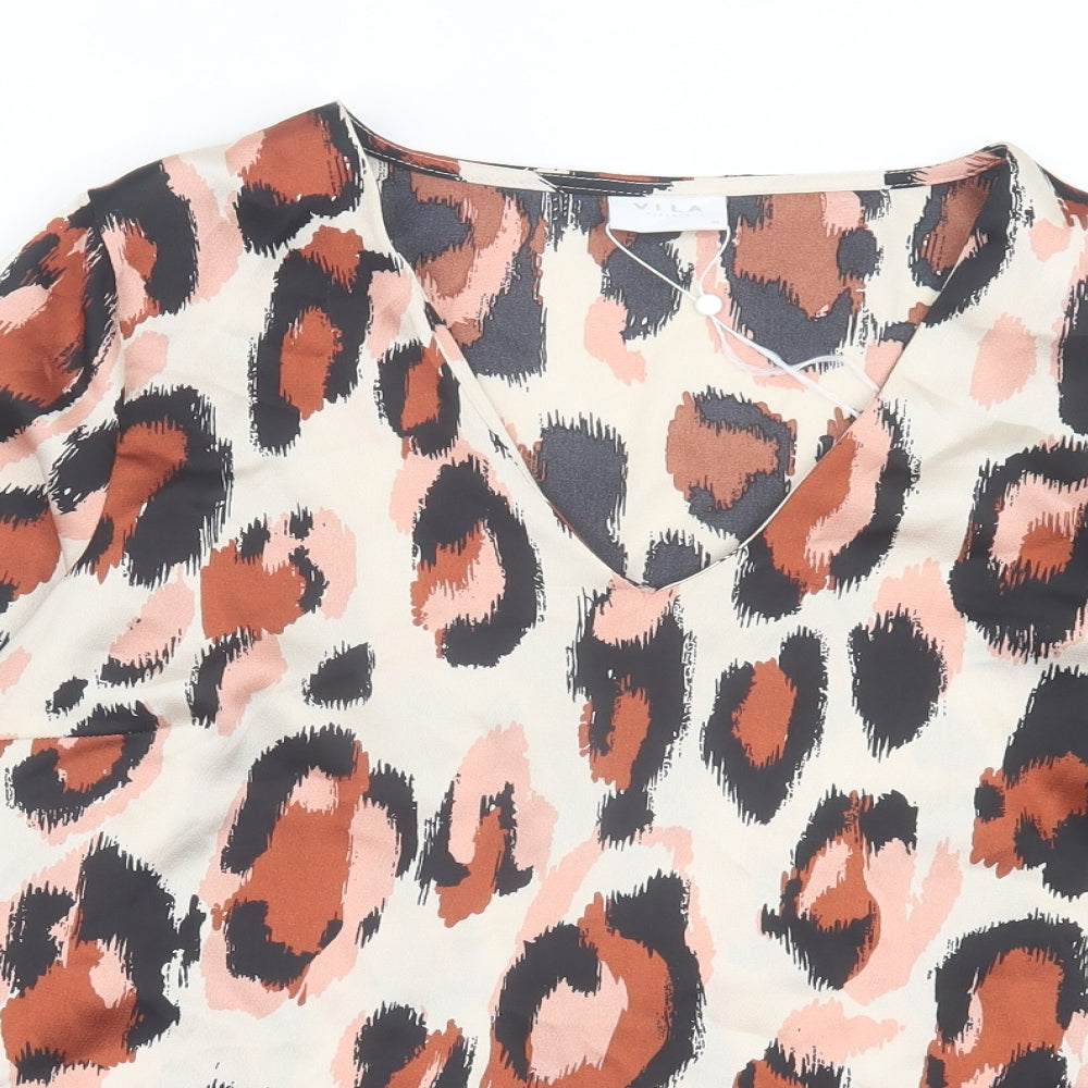 VILA Womens Multicoloured Animal Print Polyester Basic Blouse Size 10 V-Neck