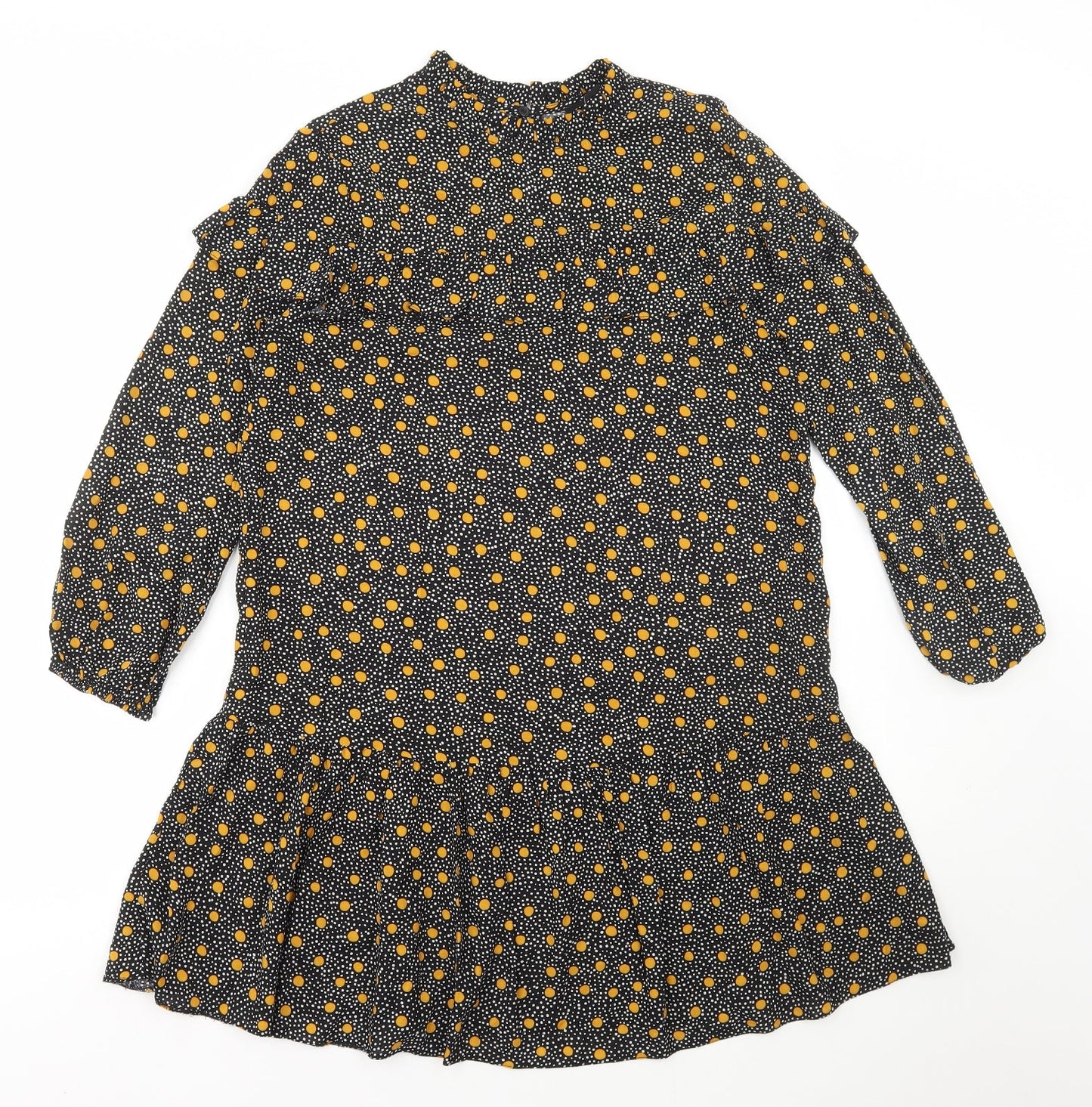 New Look Womens Black Polka Dot Viscose Shift Size 12 High Neck Button