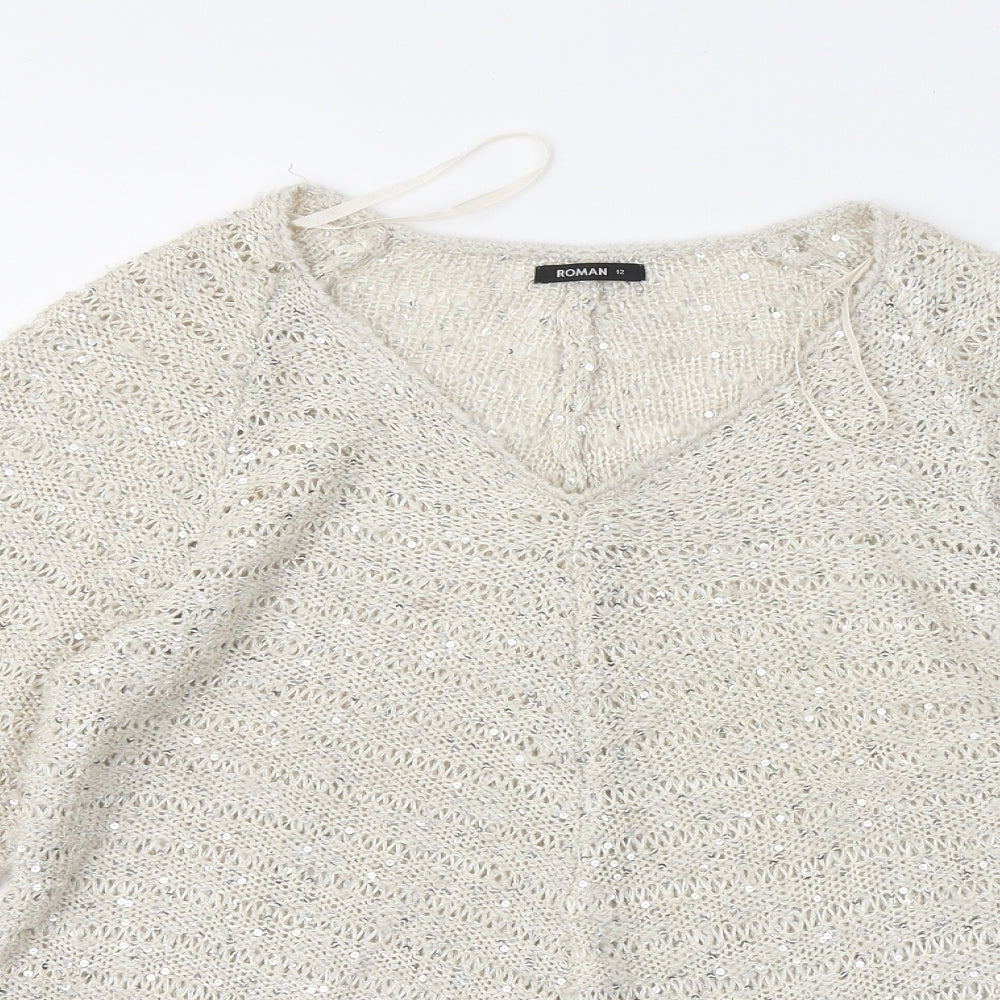 Roman Womens Beige V-Neck Polyester Pullover Jumper Size 12