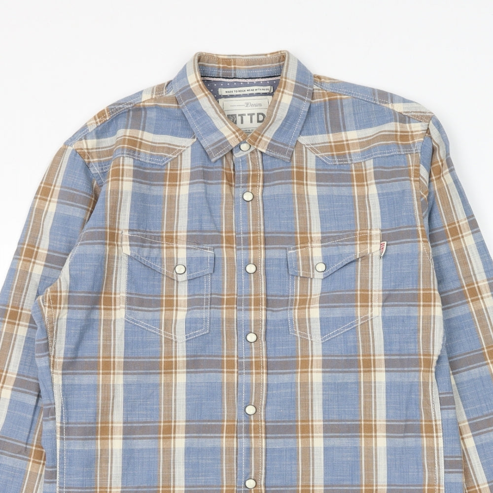 TOM TAILOR Mens Blue Plaid Cotton Button-Up Size S Collared Button