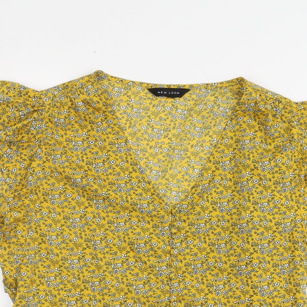 New Look Womens Yellow Floral Polyester Basic Blouse Size S V-Neck