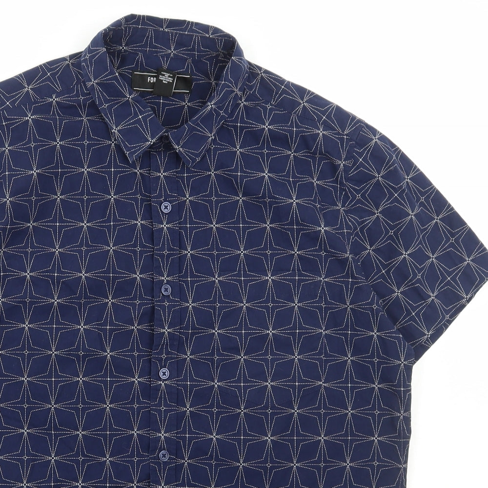 FOREVER 21 Mens Blue Geometric Cotton Button-Up Size L Collared Button