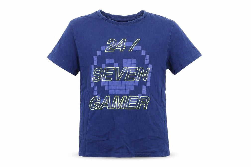 Marks and Spencer Boys Blue 100% Cotton Basic T-Shirt Size 6-7 Years Crew Neck Pullover - Gaming