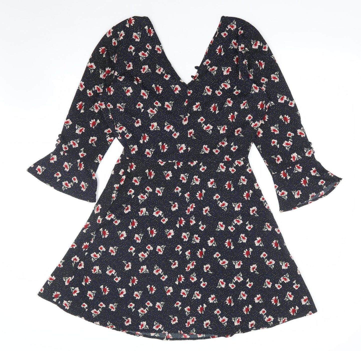 Influence Womens Black Floral Polyester A-Line Size 8 V-Neck Zip
