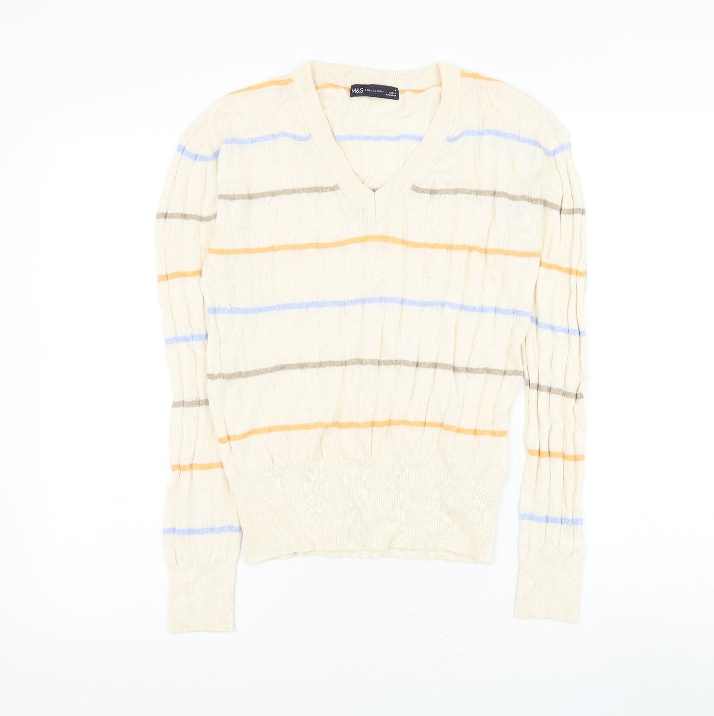 Marks and Spencer Womens Beige V-Neck Striped Viscose Pullover Jumper Size S