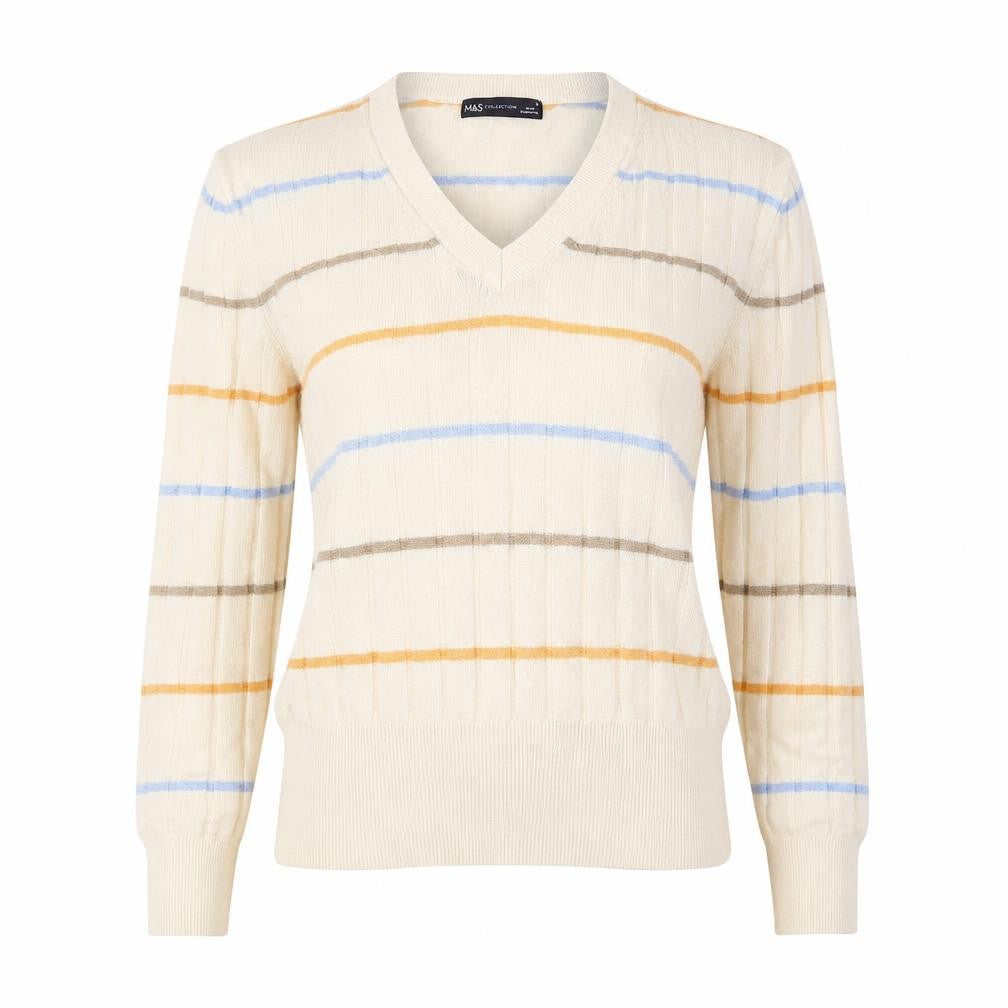 Marks and Spencer Womens Beige V-Neck Striped Viscose Pullover Jumper Size S