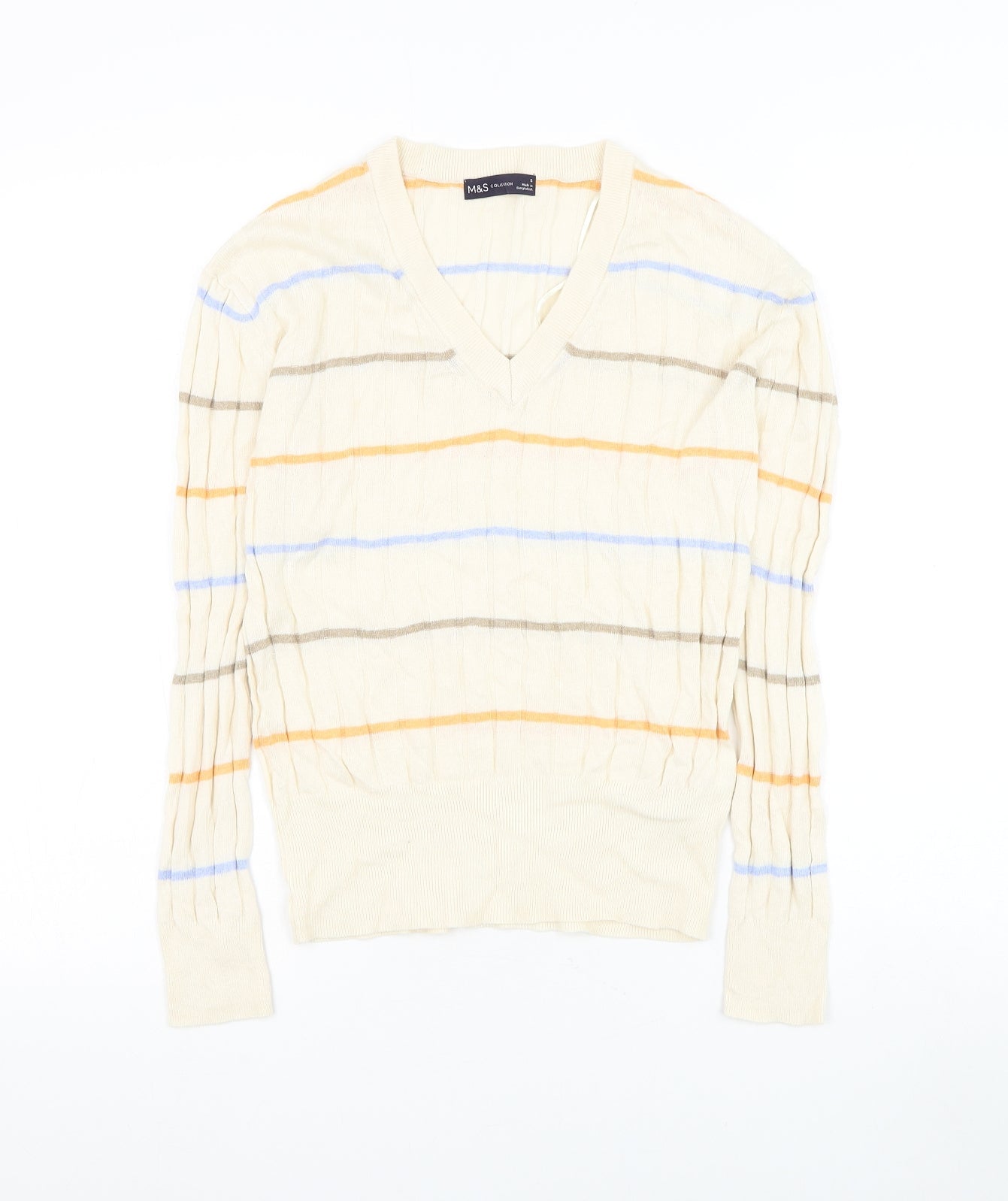 Marks and Spencer Womens Beige V-Neck Striped Viscose Pullover Jumper Size S