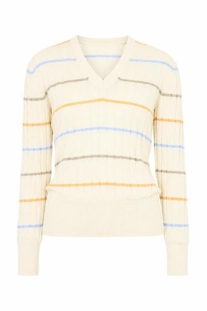 Marks and Spencer Womens Beige V-Neck Striped Viscose Pullover Jumper Size S