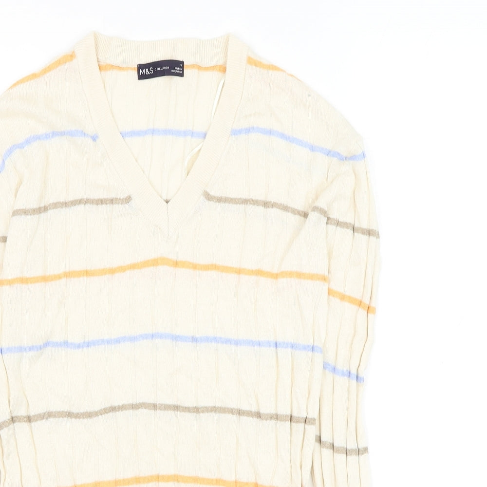 Marks and Spencer Womens Beige V-Neck Striped Viscose Pullover Jumper Size S