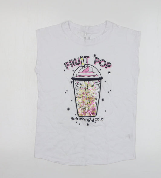 Clothing Co Girls White Cotton Basic Tank Size 12 Years Round Neck Pullover - Fruit Pop